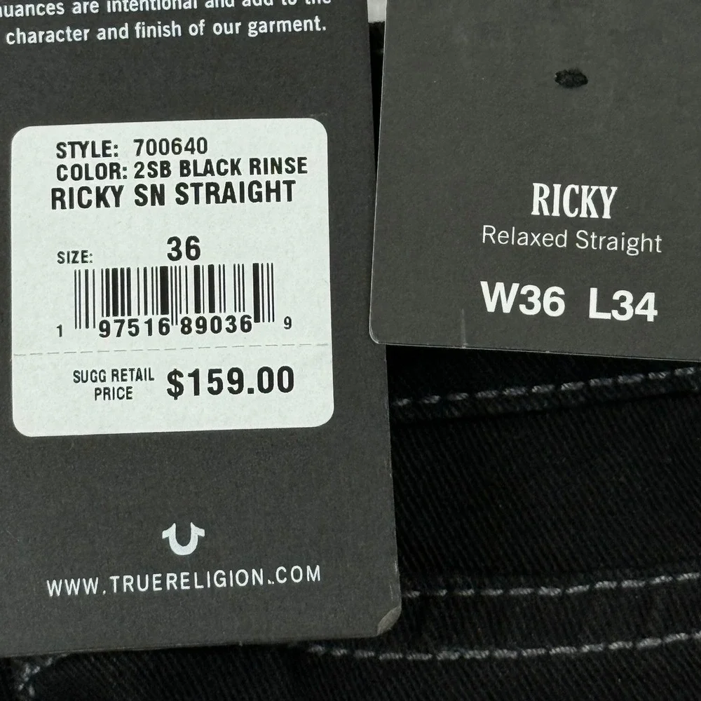 True Religion Men's Ricky Black Relaxed-Straight Stretch Jeans Sz 36x34 NWT $159